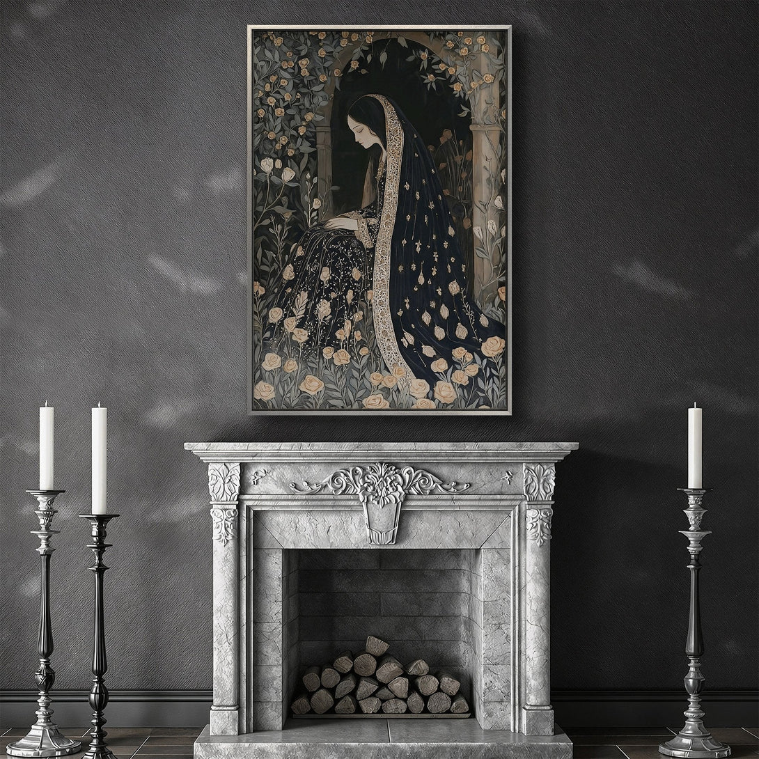 Framed Wall Art: Elegant woman in dark dress with floral details, displayed in a moody interior. Features a muted color palette with gold accents.