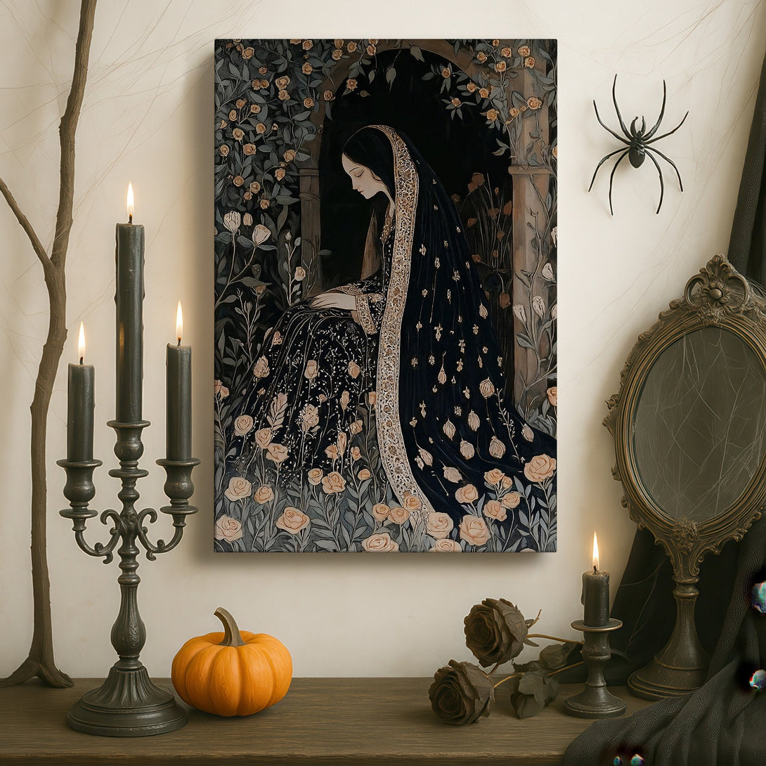 Framed Wall Art: Elegant woman in a floral dress, art nouveau style, displayed in a luxury interior with a dark, moody color palette.