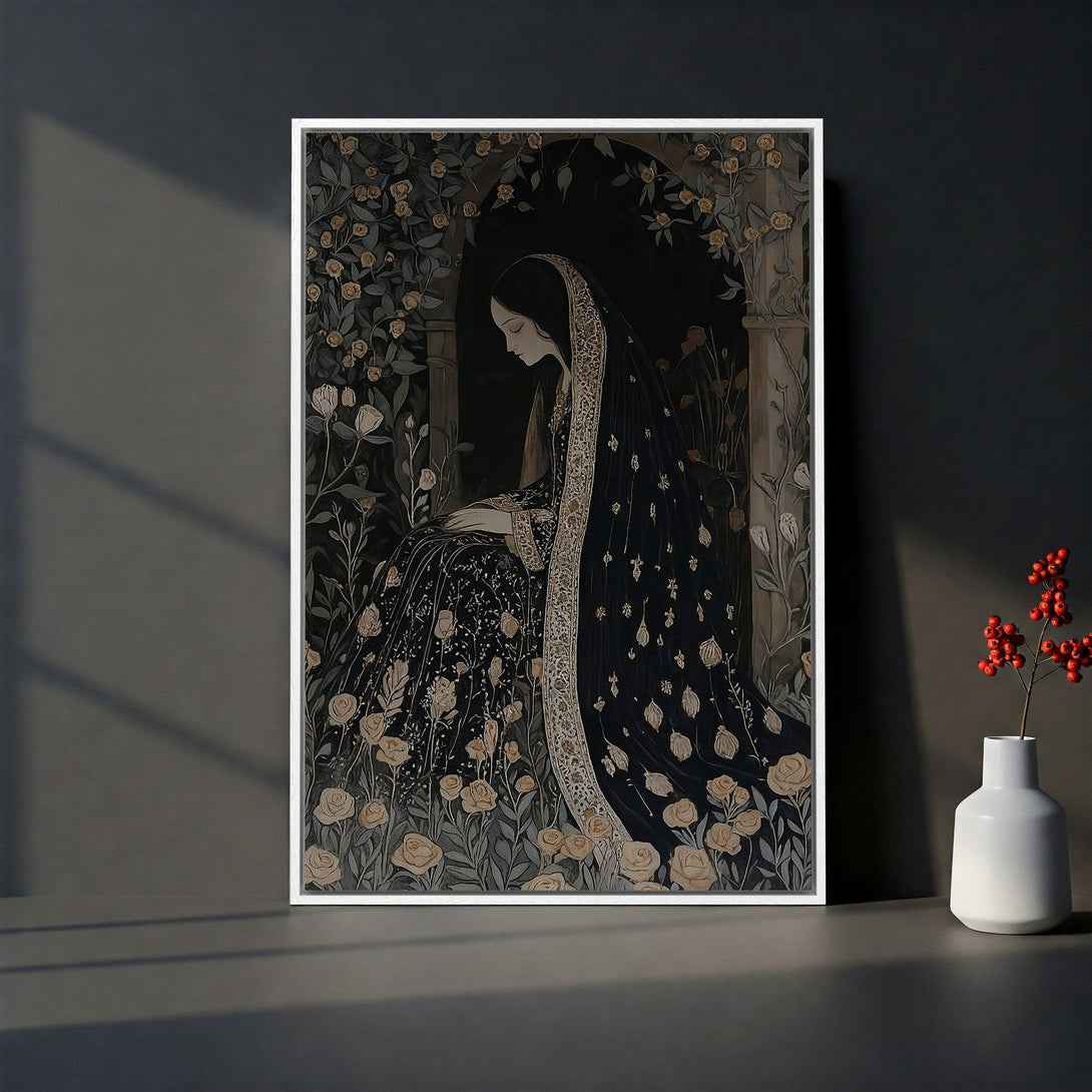 Framed Wall Art featuring a woman in a black dress and floral design, with a moody, vintage style and a dark, warm color palette. Perfect for home decor.