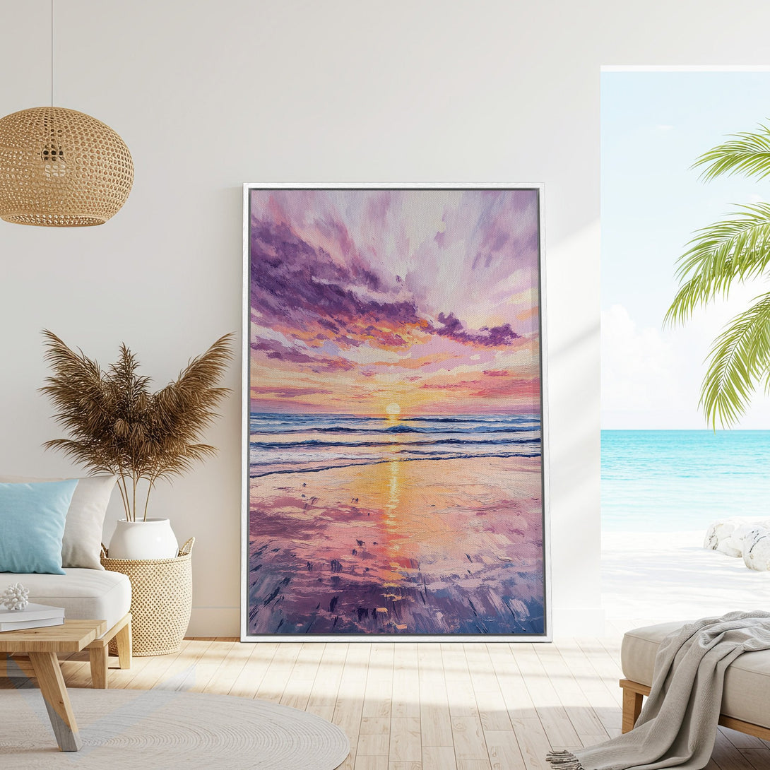 Framed Wall Art of a beach sunset in impressionist style, featuring a purple and orange color palette. Perfect for coastal decor!