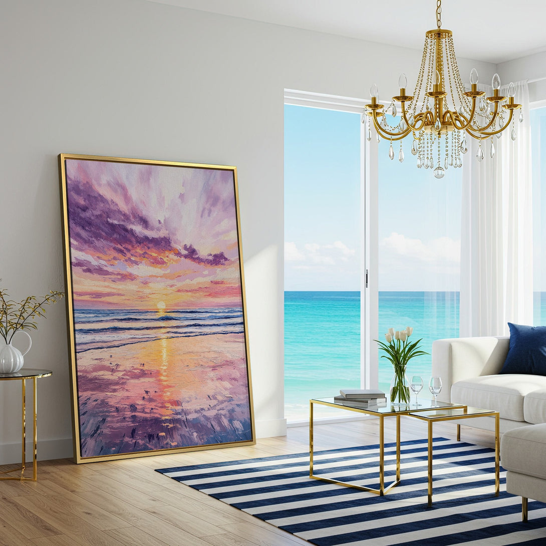 Canvas Print of a beach sunset in a modern interior. Features a vibrant purple and orange color palette, perfect for coastal decor.