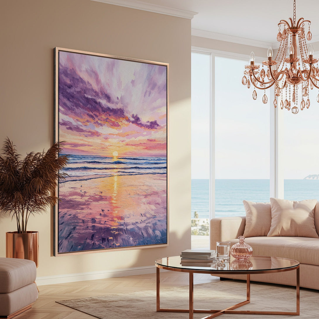 Framed Wall Art: Coastal sunset canvas print in a modern interior. Features a vibrant, impressionistic style with a purple, pink, and yellow color palette.