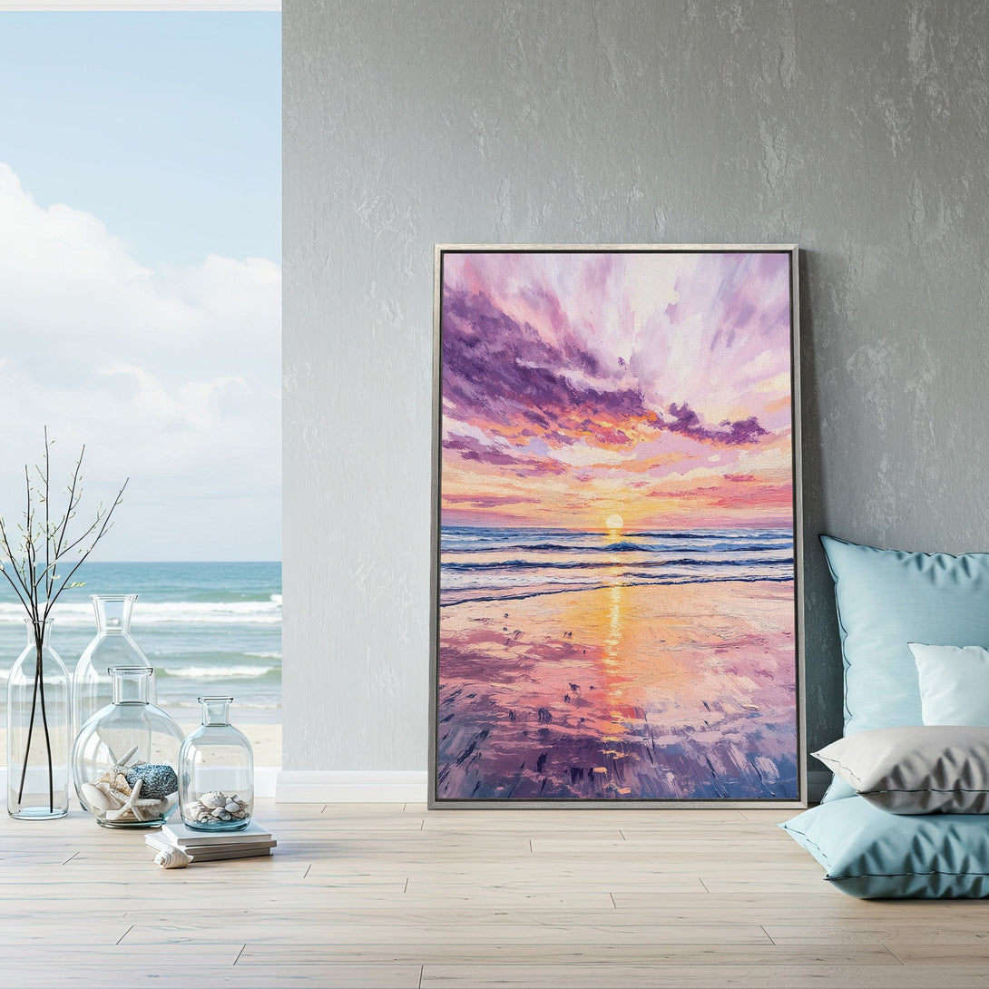 Framed Wall Art Canvas Print of a vibrant beach sunset. Coastal decor with purple, orange, and blue hues. Perfect for adding a touch of serenity to your home.