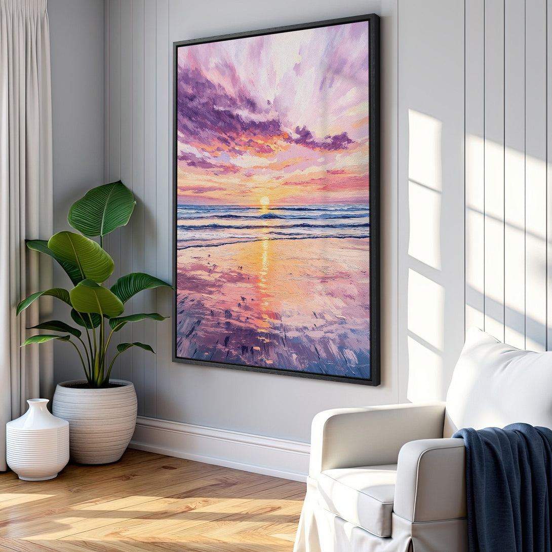 Framed Wall Art: Stunning sunset beach scene in vibrant pinks, purples, and yellows. Coastal art canvas print adds warmth and style to any space.