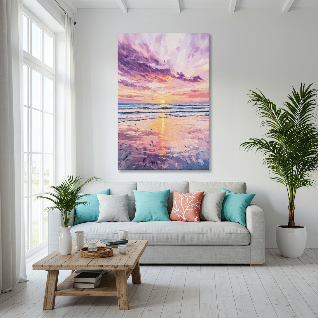 Framed Wall Art: Sunset beach scene canvas print in a modern interior. Features a vibrant purple, orange, and blue color palette, adding warmth and style to any room.
