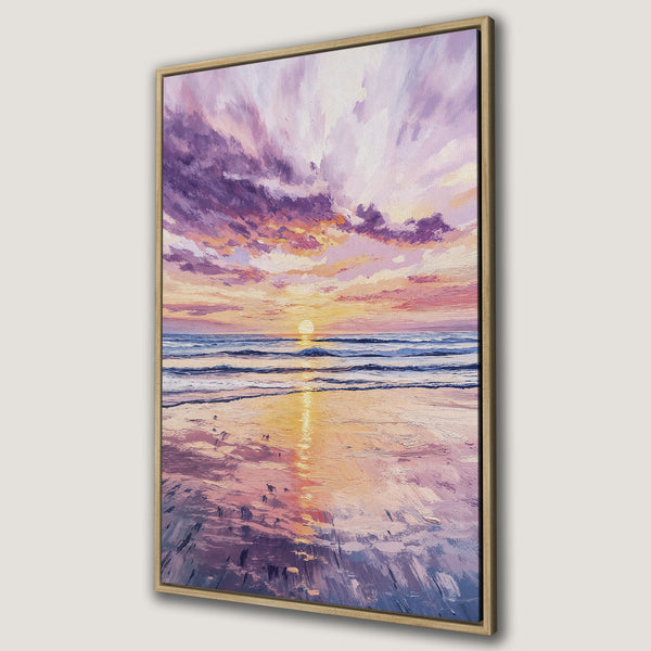 Framed Wall Art: Sunset beach scene canvas print. Oil painting style with vibrant purples, pinks, and gold hues. Perfect coastal decor for your home.