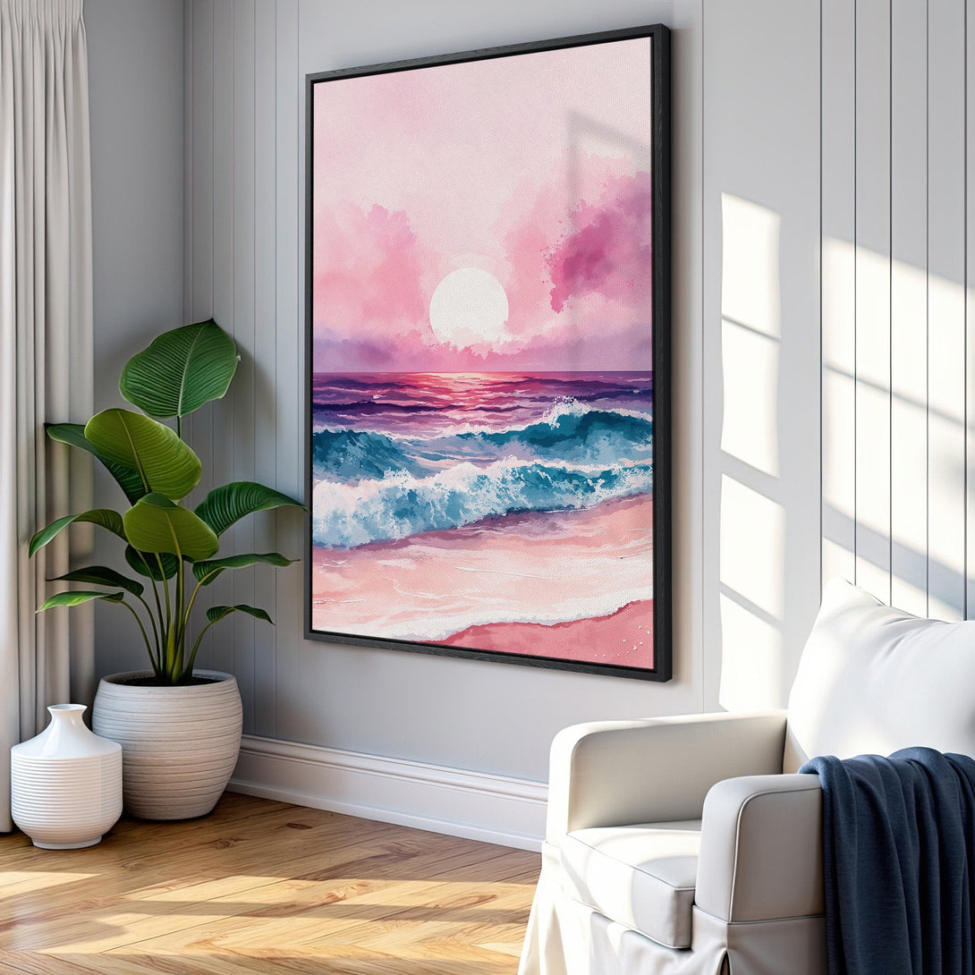 Framed Wall Art featuring a watercolor beach sunset. Pink, purple, and blue hues create a calming coastal vibe. Perfect for adding serenity to your space!