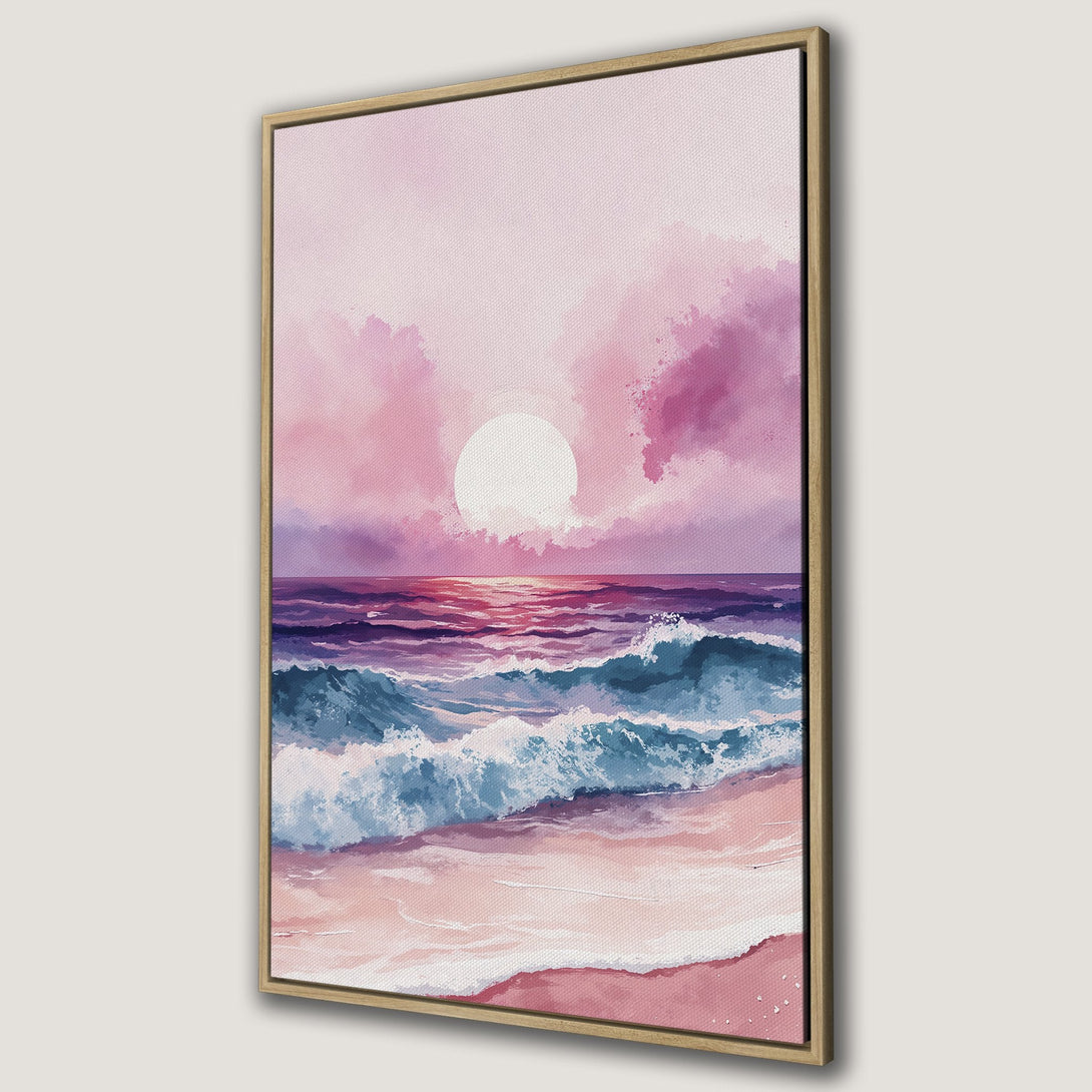 Framed Wall Art featuring a watercolor sunset over the ocean. Soft pink, purple, and blue color palette. Perfect coastal decor for your home.