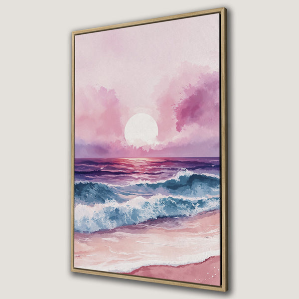 Framed Wall Art featuring a watercolor sunset over the ocean. Soft pink, purple, and blue color palette. Perfect coastal decor for your home.