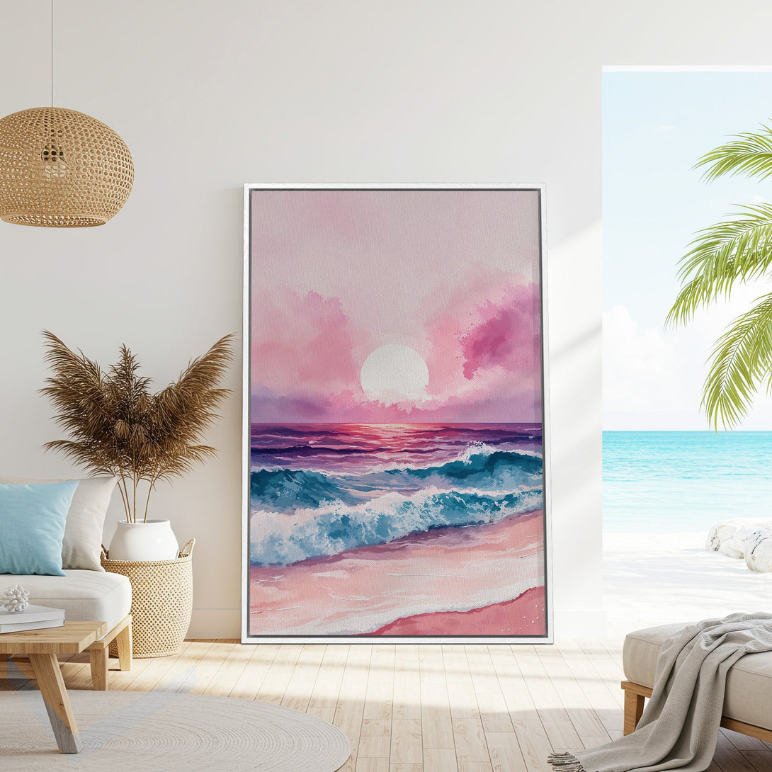 Framed Wall Art: Watercolor sunset over ocean in pink, purple, and teal hues. Coastal art for a relaxing vibe. Perfect for living rooms.