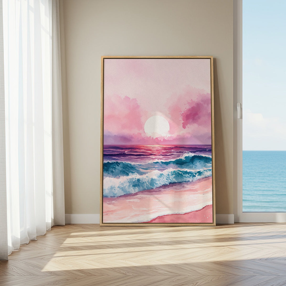 Framed Wall Art: Watercolor sunset over the ocean in pink & blue hues. Coastal art for a calming interior. Bring the beach home!