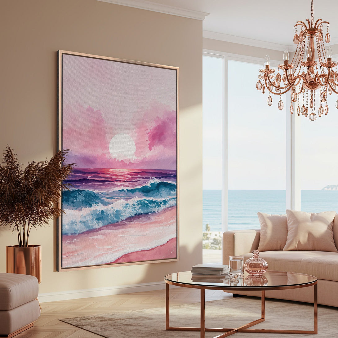 Framed Wall Art: Watercolor sunset over the ocean in pink and blue hues. Coastal art for a serene living room. Shop our Canvas Prints today!