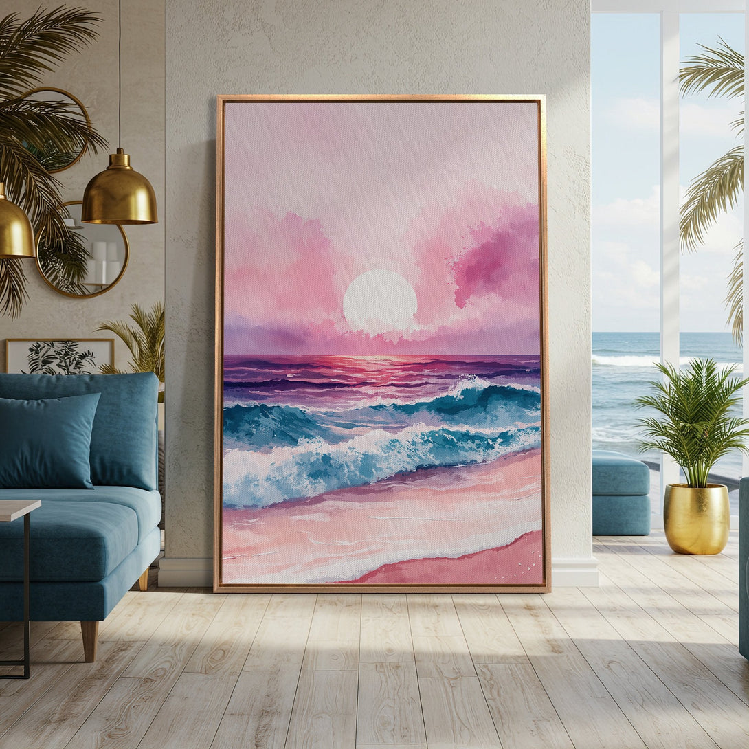 Framed Wall Art: Watercolor beach scene in pinks, purples, and blues. Coastal artwork adds serene style to any space. Shop now for calming decor!