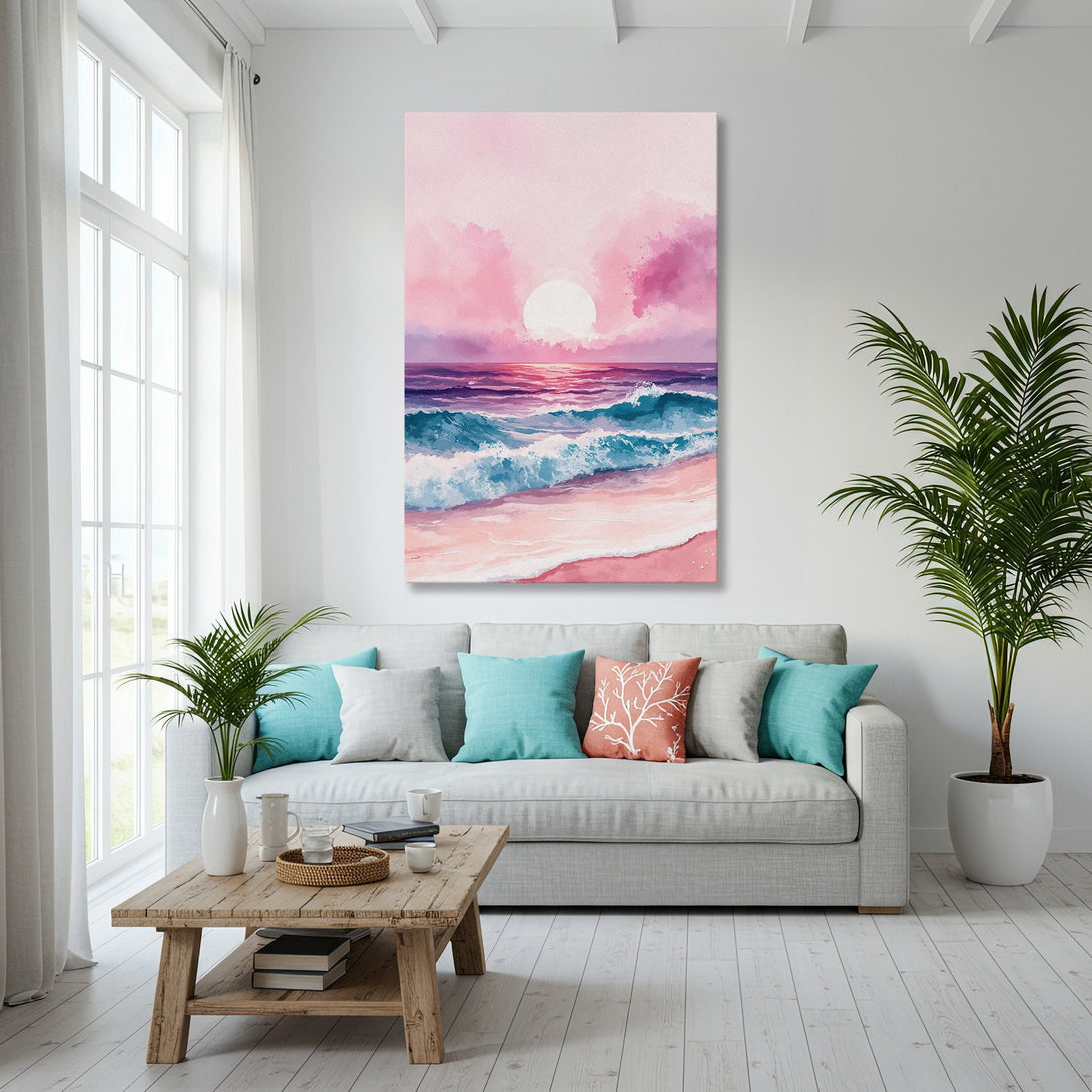 Framed Wall Art: Watercolor sunset over ocean. Coastal decor with pink, blue, and gold color palette. Perfect for living room or bedroom.