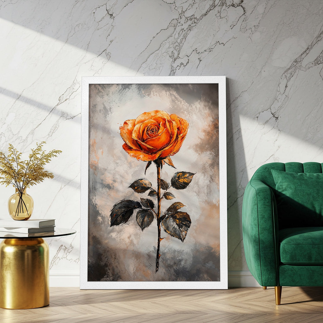 Framed Poster of a vibrant orange rose in a painterly style. Earthy tones and a touch of elegance for your wall decor.