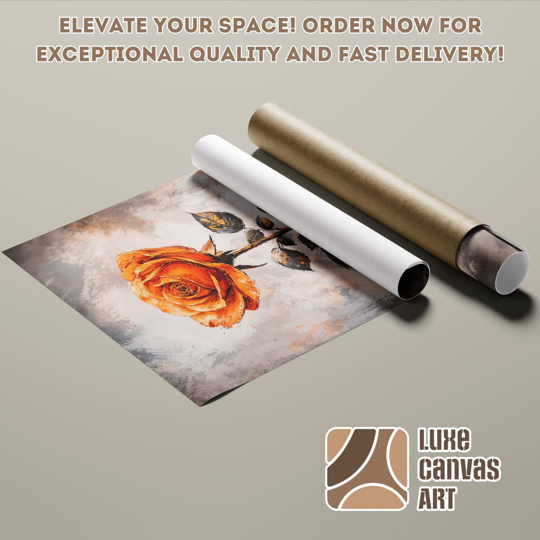 Poster Roll featuring an orange rose art print with a neutral color palette. Elevate your space!