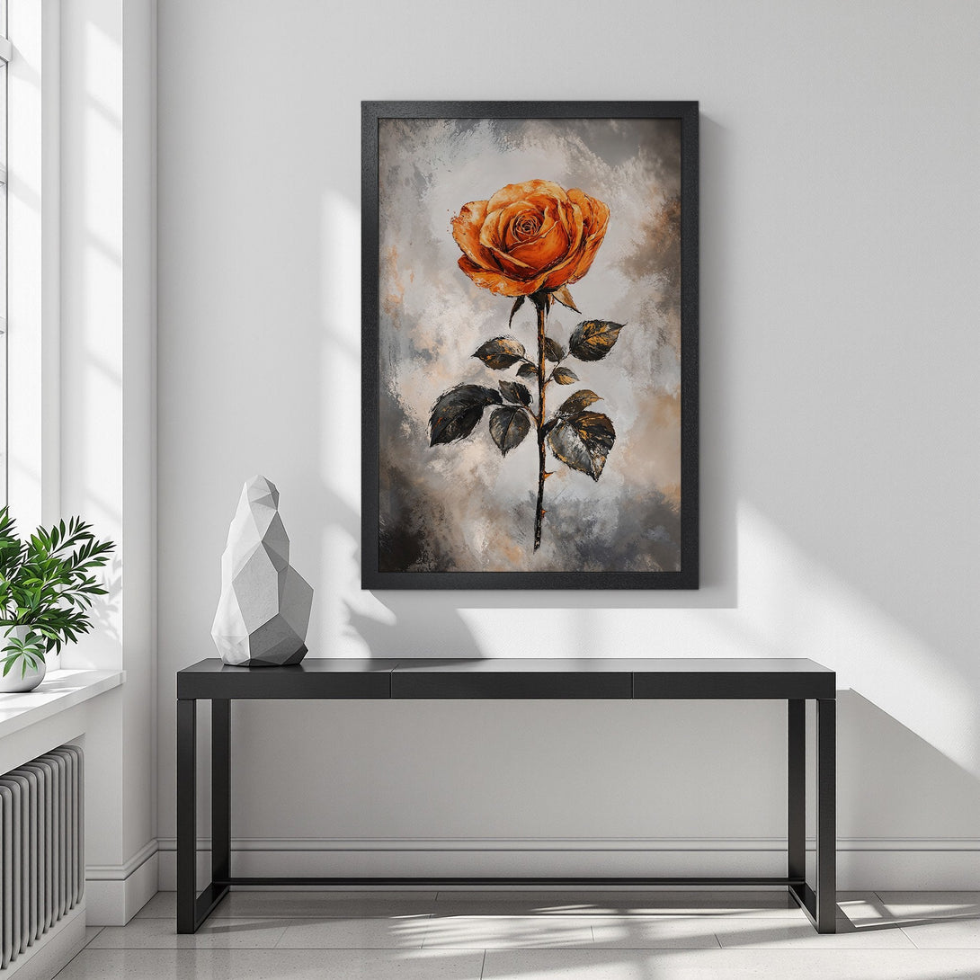 Framed Poster featuring a vibrant orange rose art print. Modern style with warm, neutral color palette. Perfect wall decor for any room.