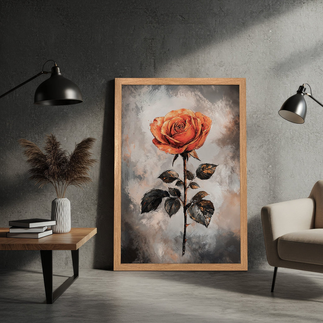 Framed Poster featuring a vibrant orange rose art print. Modern style with a warm, neutral color palette. Perfect wall decor.