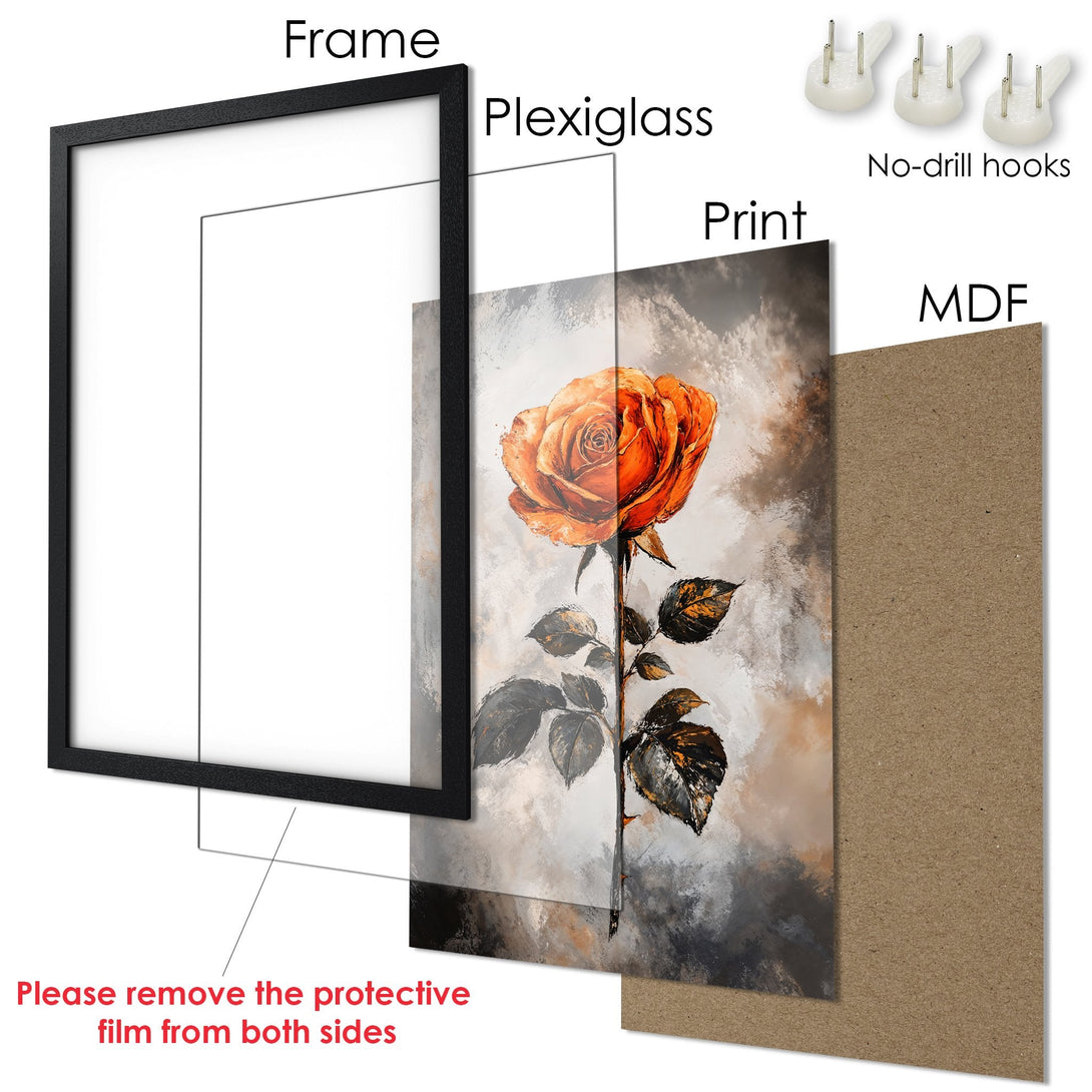 Framed Poster of an orange rose art print. Modern style, neutral color palette. Ready to hang wall decor.