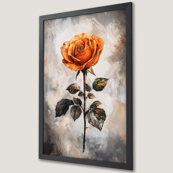 Framed Poster featuring a vibrant orange rose. Artistic style with a neutral, earthy color palette. Perfect wall art for any space!