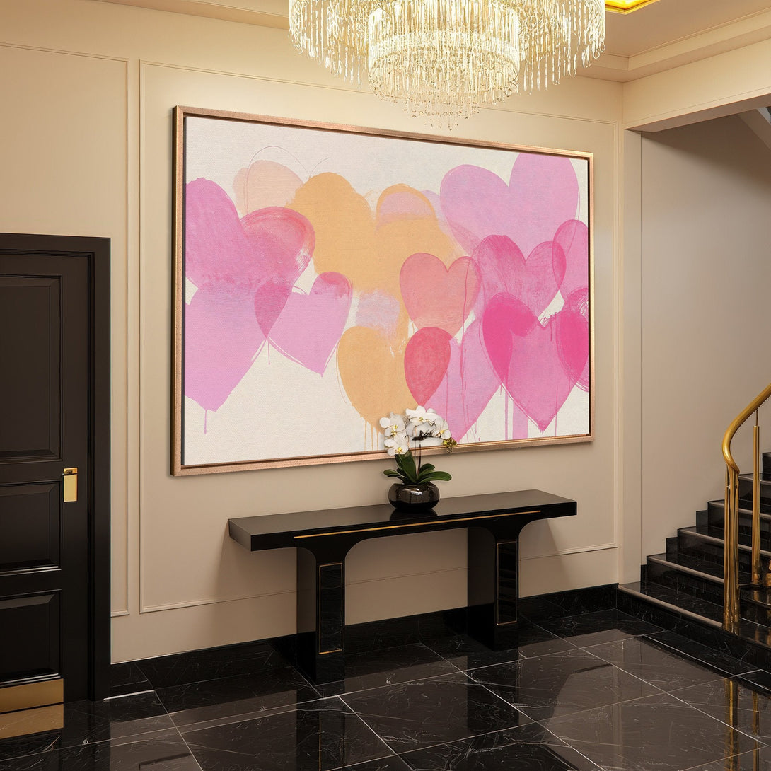 Framed Wall Art: Abstract heart canvas print in pink & peach. Modern art for entryway decor. Elevate your space with stylish wall art!