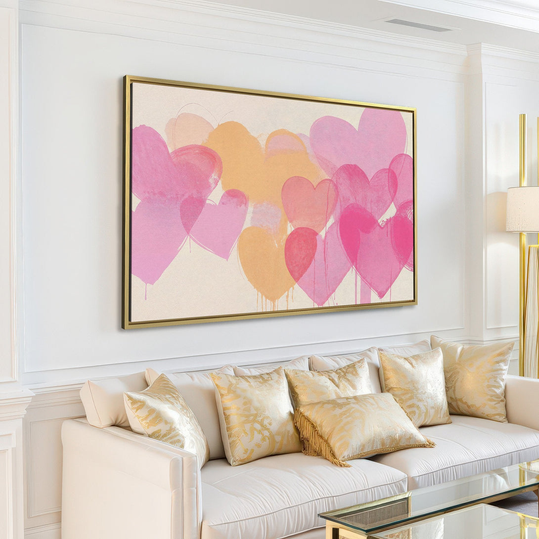 Canvas Print featuring abstract pink and yellow hearts, perfect for adding a touch of love and modern art to your home decor.