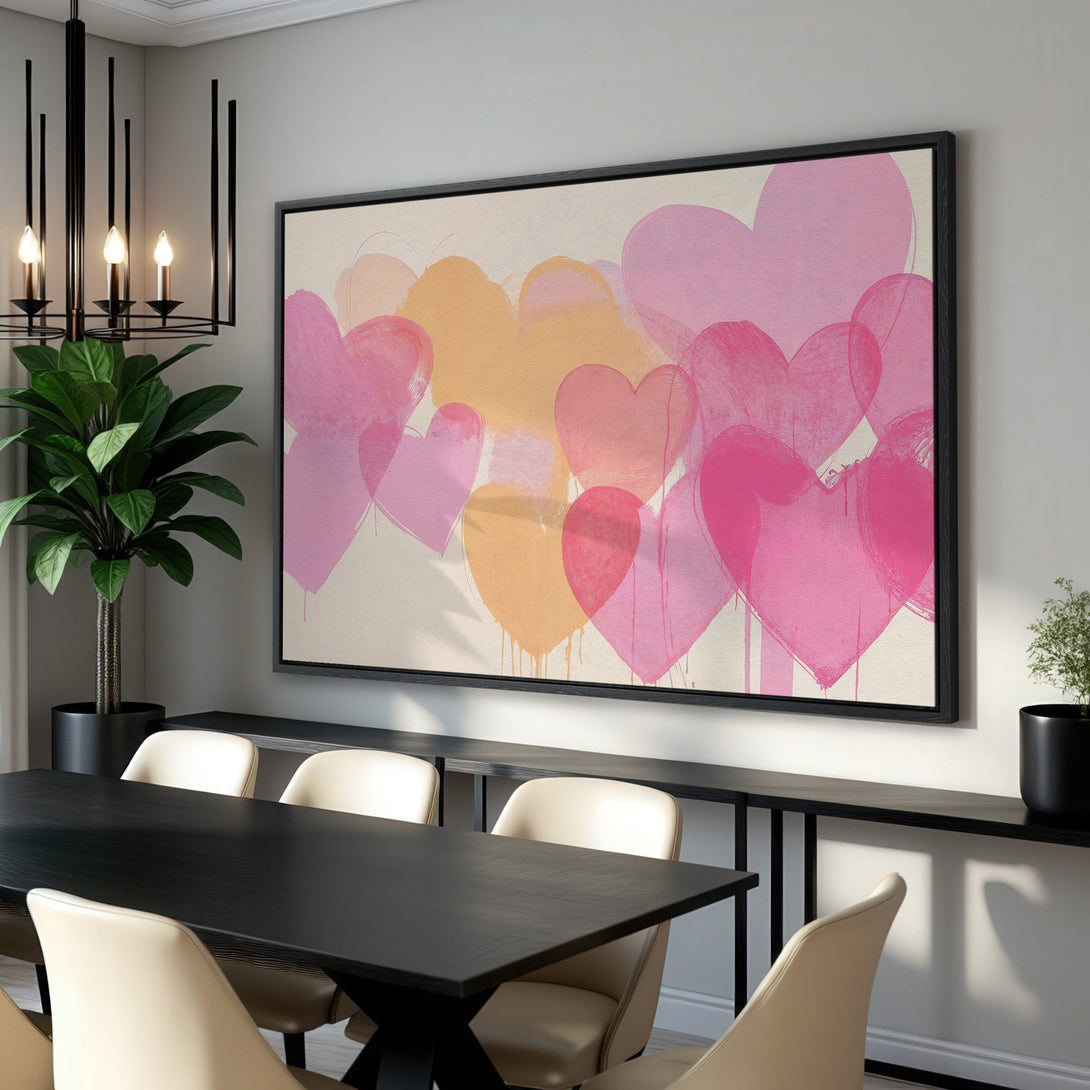 Framed Wall Art featuring abstract pink hearts. Modern style with a warm, inviting color palette. Perfect for adding love and style to your home!