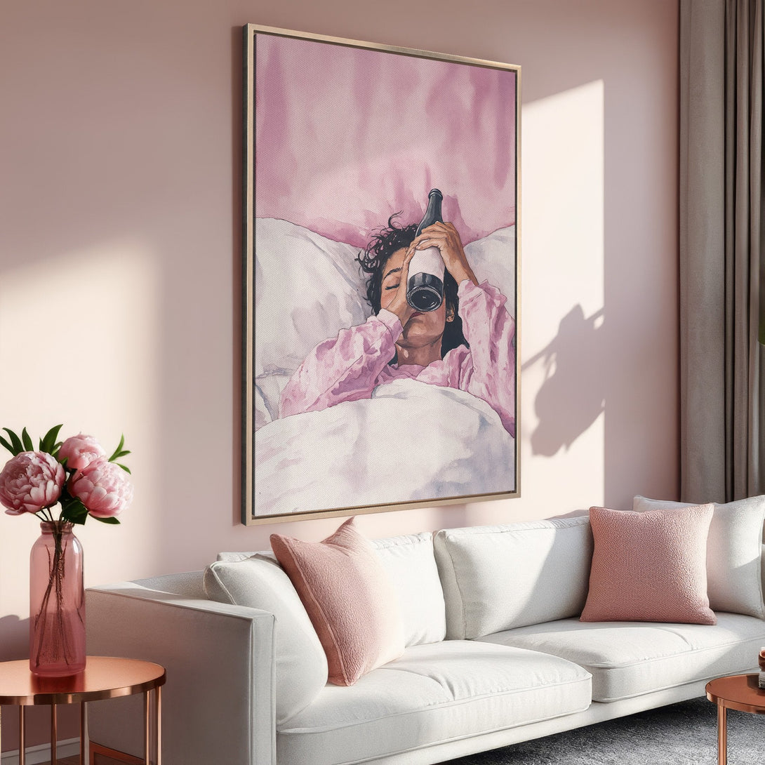 Framed Wall Art: Watercolor painting of woman drinking from bottle in bed, soft pink palette, perfect for bedroom decor.