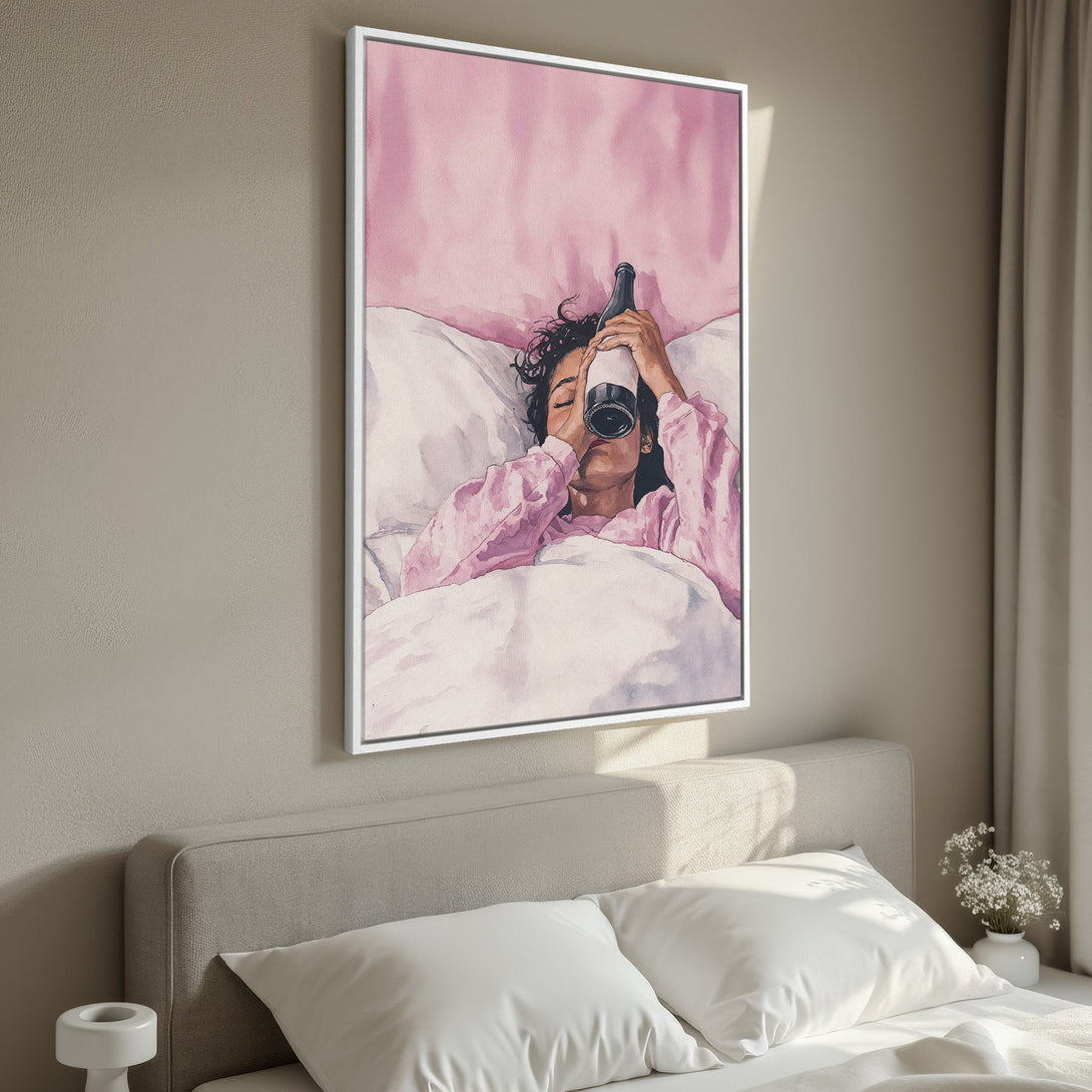 Framed Wall Art: Relaxing watercolor print in a bedroom. Features a woman drinking from a bottle, soft pink and white palette, perfect for a serene space.