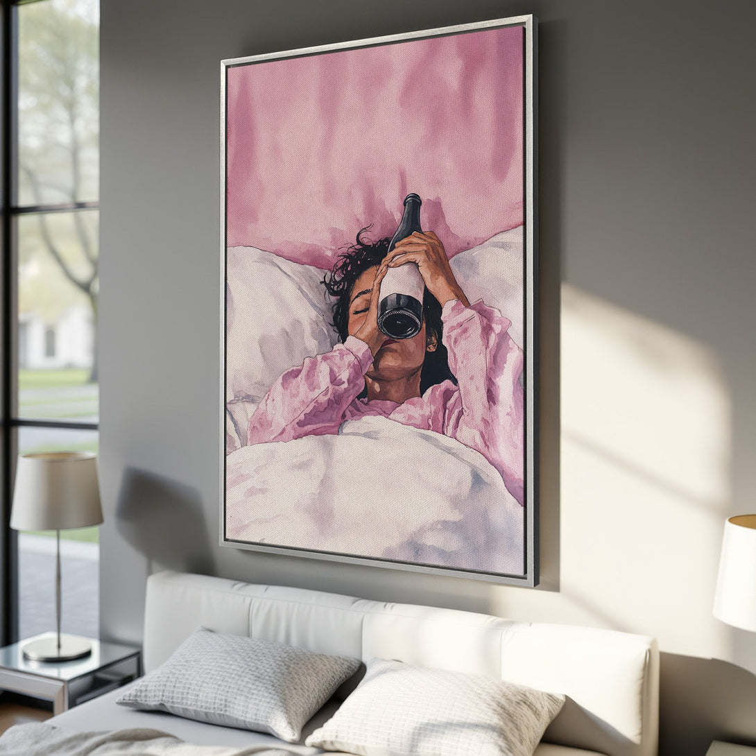 Framed Wall Art featuring a woman drinking from a bottle, watercolor style, soft pink and white color palette. Perfect for bedroom decor.