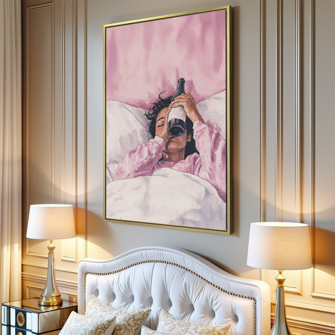 Canvas Print of a woman drinking from a bottle in bed, watercolor style, soft pink and white color palette, perfect for bedroom decor.