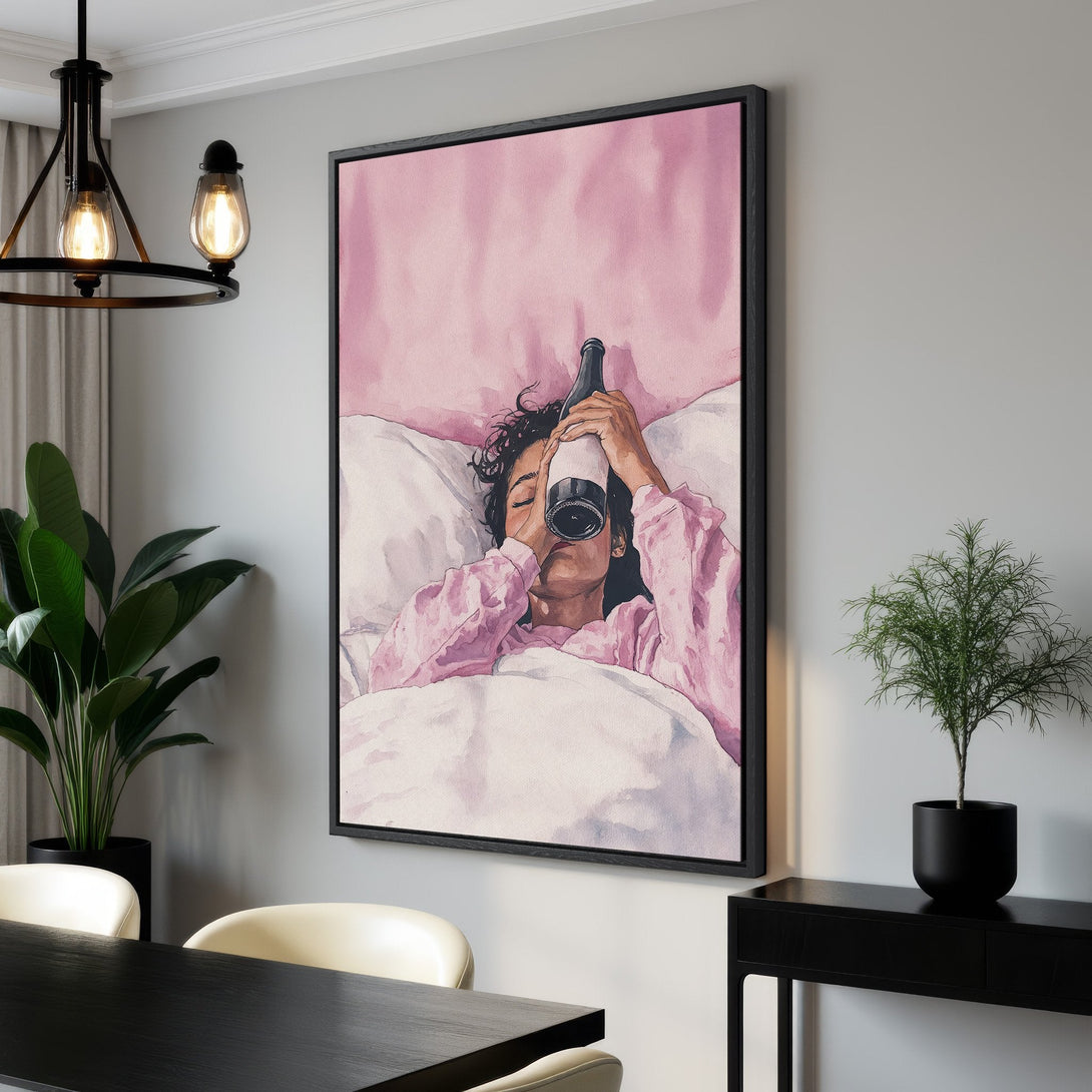 Framed Wall Art featuring a watercolor painting of a woman drinking from a bottle, in a pink and white color palette. Perfect for modern decor.