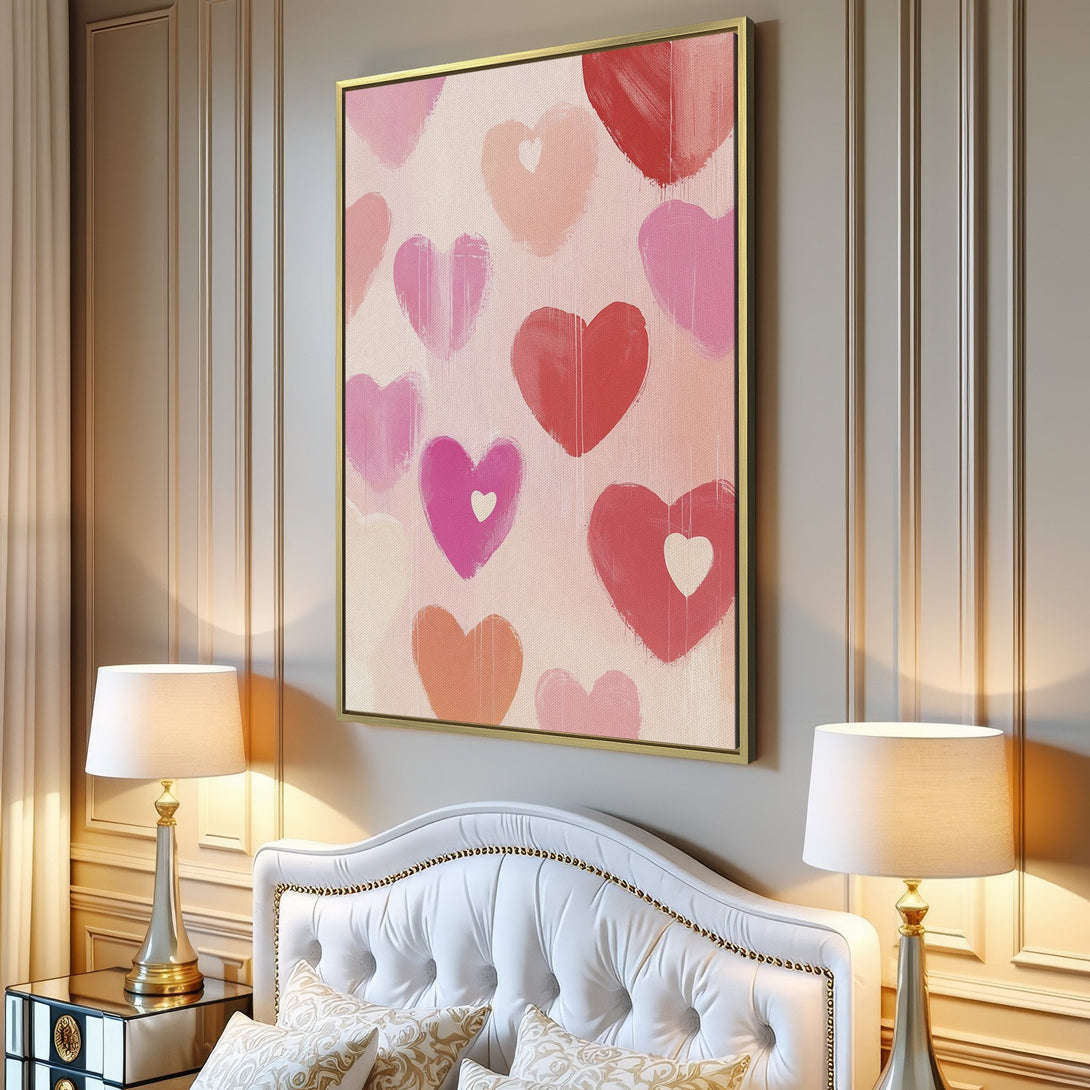 Canvas Print featuring abstract hearts in a soft pink and red palette. Modern wall art perfect for adding love and warmth to any space.