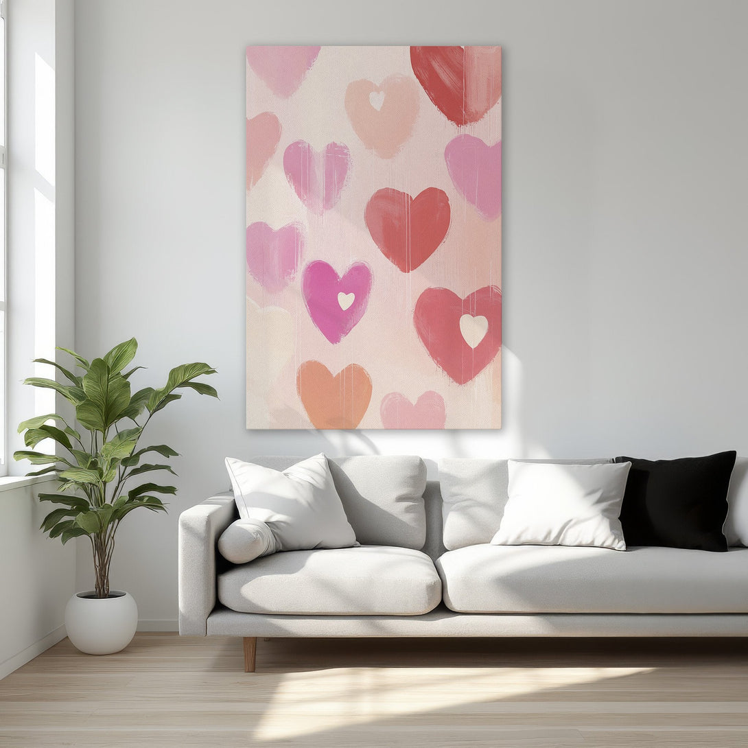 Framed Wall Art: Abstract hearts canvas print in pink and red hues. Perfect for adding a touch of love and style to your bedroom decor.