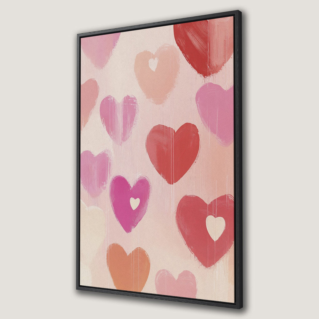 Framed Wall Art featuring abstract hearts in a warm pink and red palette. Perfect for adding a touch of love to your home decor.
