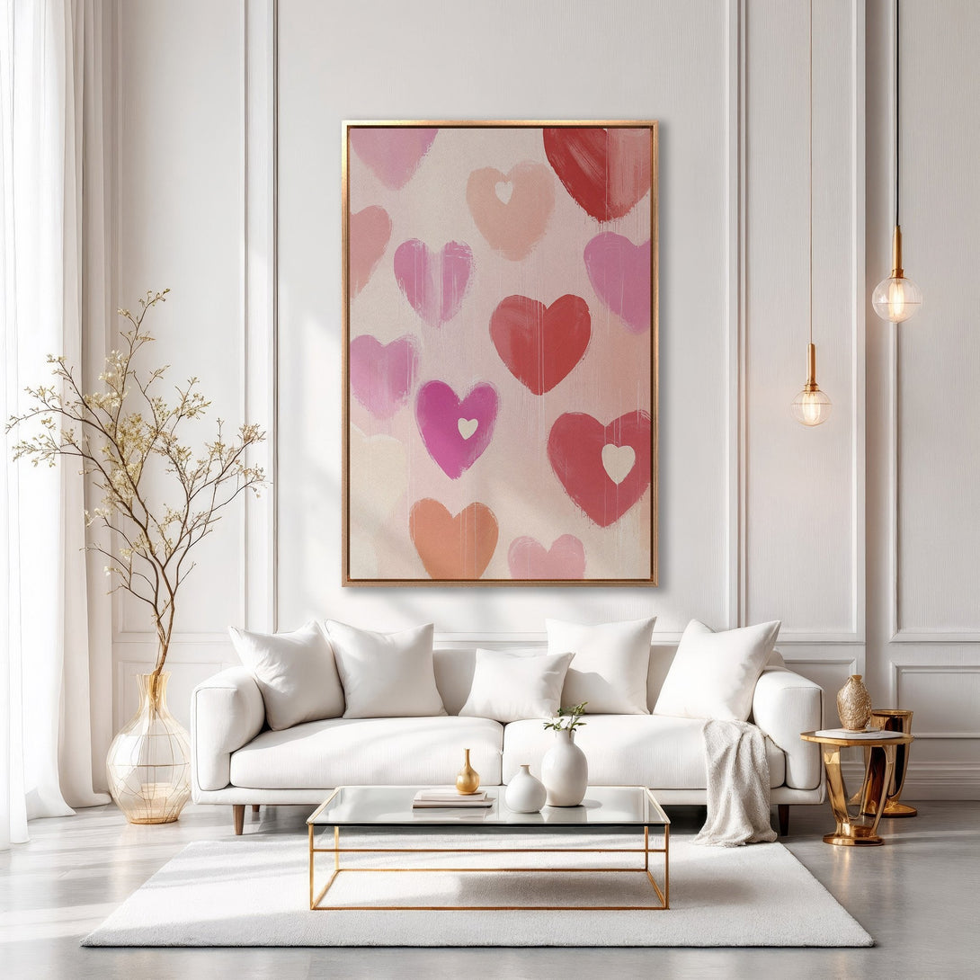 Framed Wall Art featuring abstract hearts in pink and red hues. Stylish Canvas Print adds a touch of love and warmth to any modern interior.