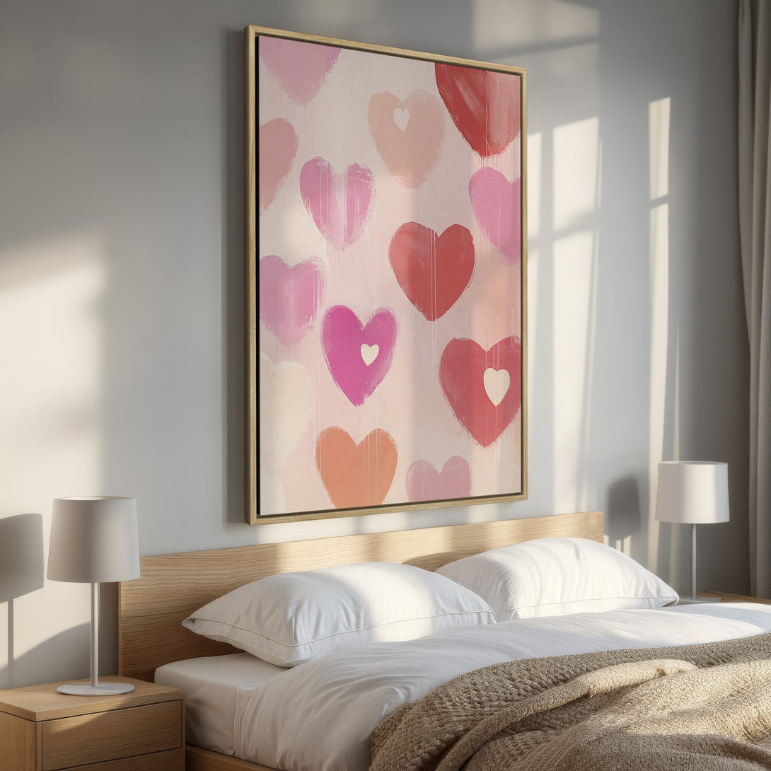 Framed Wall Art featuring a heart-themed abstract painting in pink and red hues, perfect for adding a touch of love to your bedroom decor.