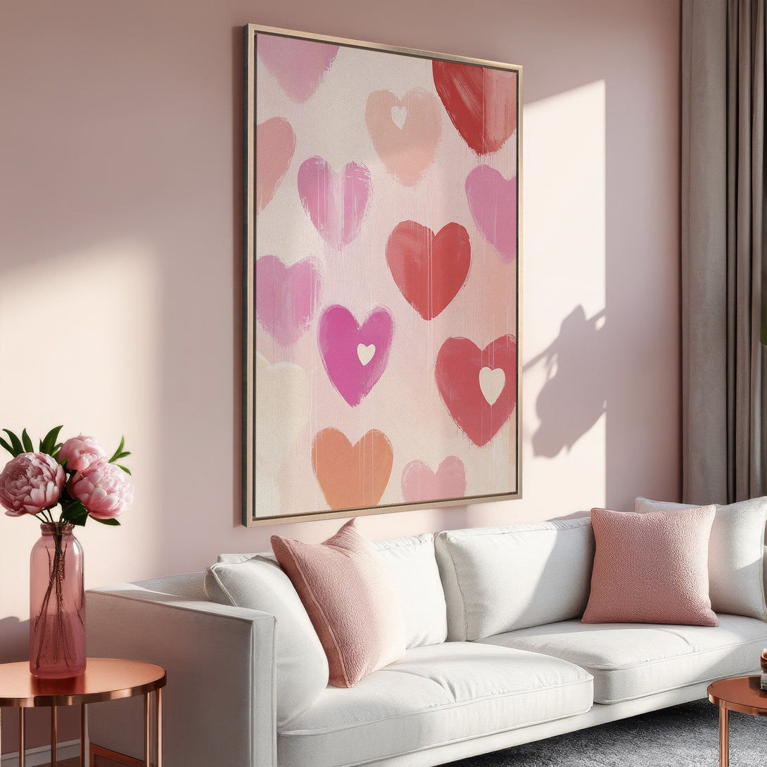 Framed Wall Art: Abstract heart canvas print in pink and red tones, perfect for adding a touch of love to your home decor.