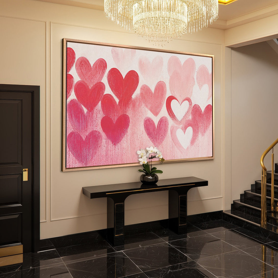 Framed Wall Art: Abstract heart painting in pink and red hues. Modern art for romantic home decor. Adds a pop of color to any space.