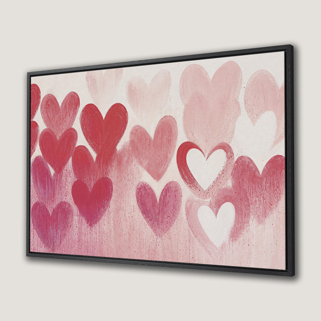 Framed Wall Art featuring abstract hearts in shades of pink and red. Modern, romantic art perfect for Valentine's Day or any day!