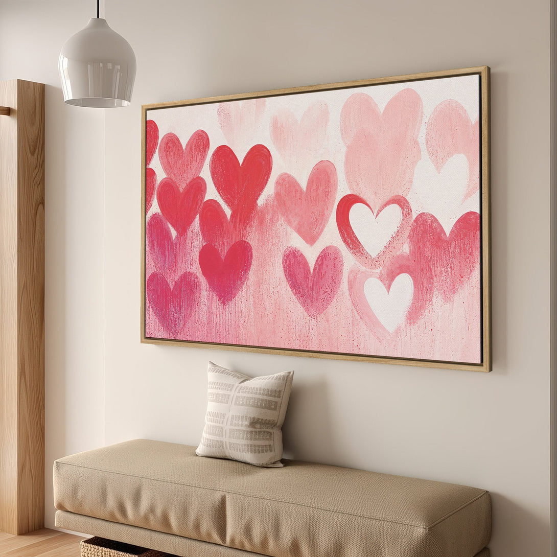 Framed Wall Art: Romantic heart painting in pink and red hues. Modern abstract style for a cozy interior. Perfect Valentine's Day gift!