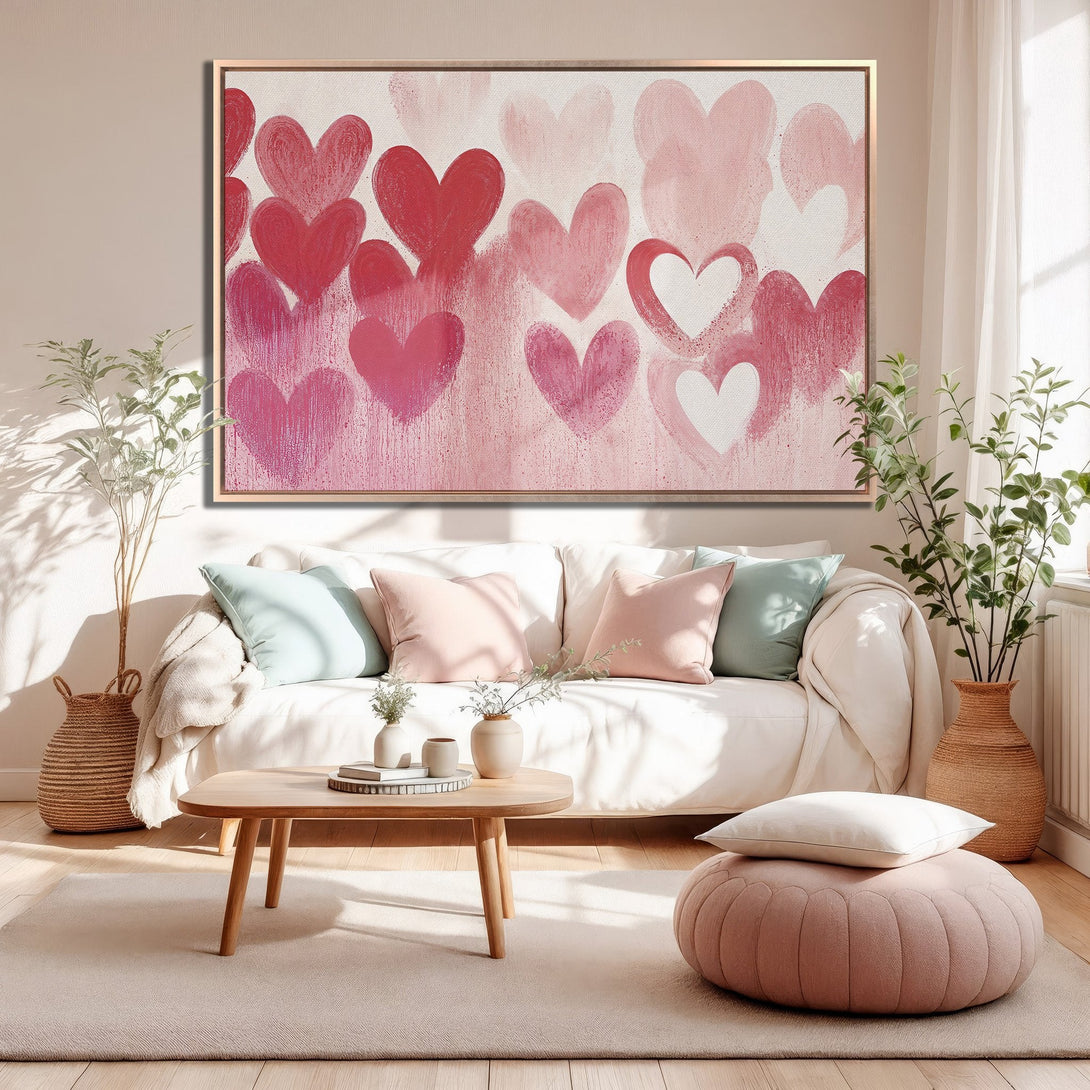 Framed Wall Art: Romantic heart painting in pink and red hues. Modern art canvas print perfect for adding love and style to your home decor.