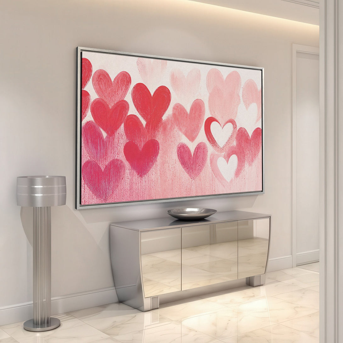 Framed Wall Art: Abstract heart painting in shades of red and pink. Modern canvas print adds a pop of color to any interior decor.