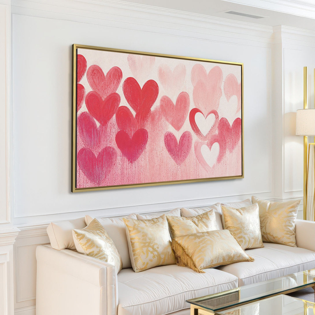 Canvas Print featuring abstract hearts in shades of pink. Modern wall art for a romantic touch.