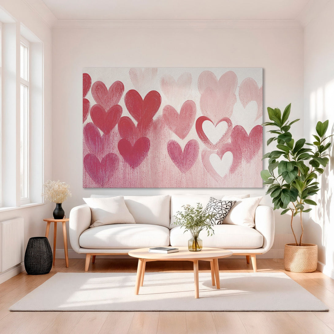 Framed Wall Art: Abstract heart painting in pink and red hues. Modern art for romantic home decor. Canvas print in a gold frame.