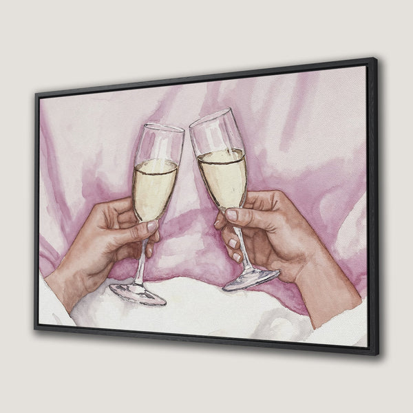 Framed Wall Art: Watercolor painting of champagne glasses clinking, blush pink and gold color palette. Perfect for adding elegance to your space.
