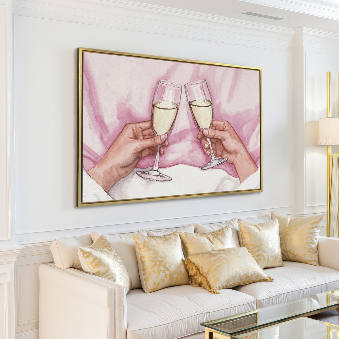 Canvas Print: Watercolor champagne toast art in a modern living room. Soft pink and white palette, perfect for adding elegance to your space.