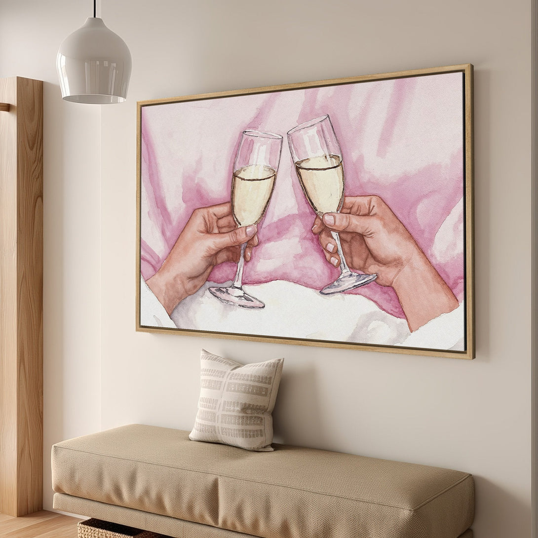 Framed Wall Art: Watercolor painting of champagne toast in pink and beige tones. Perfect for adding a touch of elegance to any space.