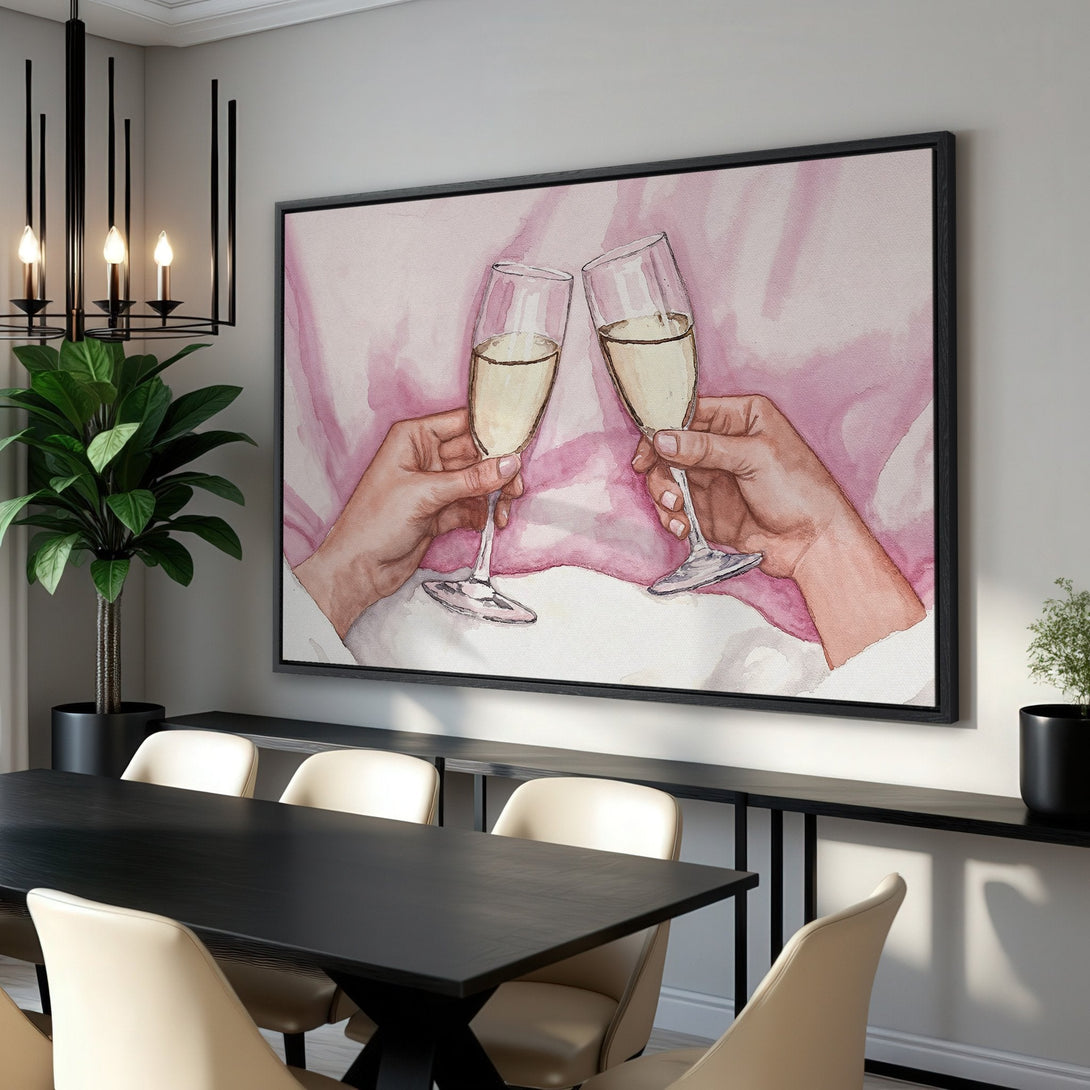 Framed Wall Art featuring watercolor champagne toast in pink hues. Perfect for dining room decor, this canvas print adds elegance and style to any space.