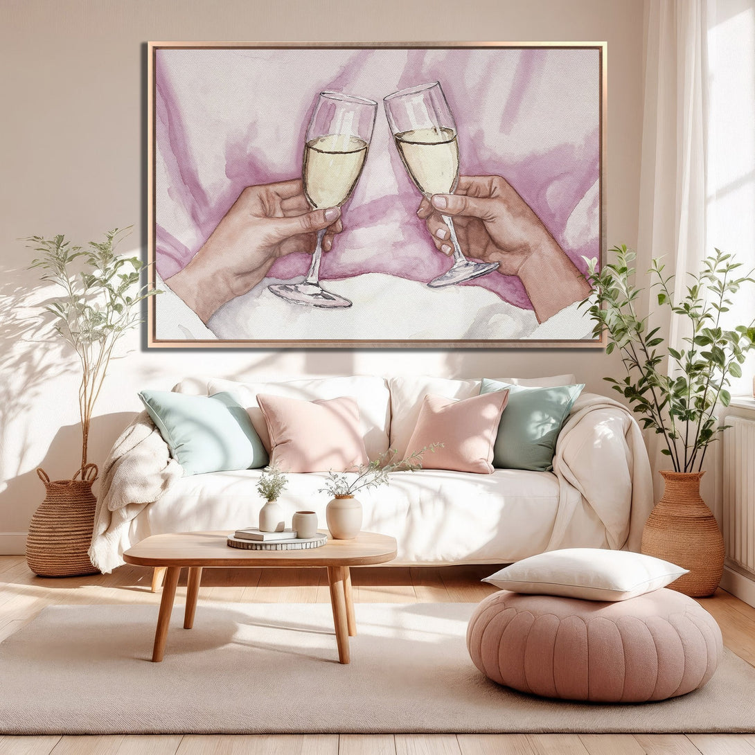 Framed Wall Art: Watercolor painting of champagne toast in a modern interior with a pink and neutral color palette. Perfect home decor!
